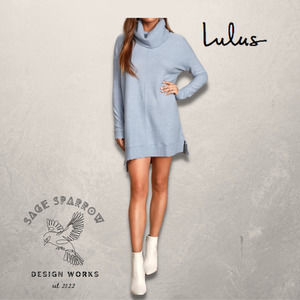 Lulus MEDIUM Autumn Daze Light Blue Cowl Neck Long Sleeve Sweater Dress